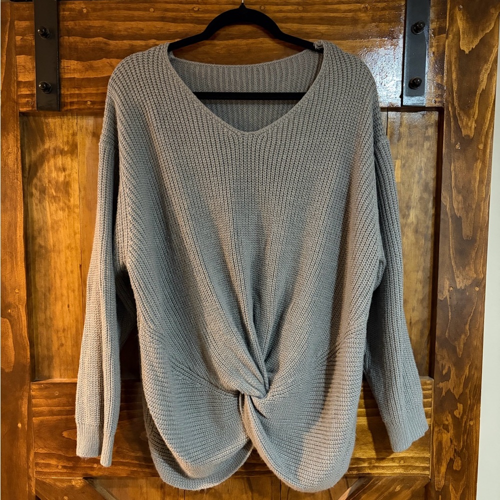SHEIN Gray V-Neck Knotted Sweater